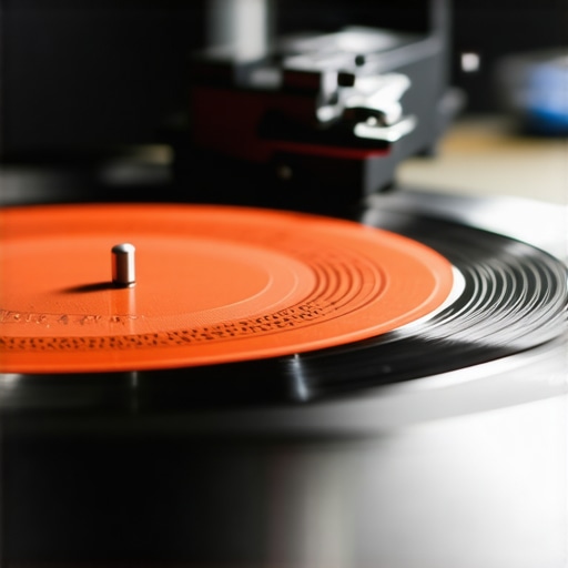 A detailed photo showing the precise point where a turntable needle meets the vinyl record surface.