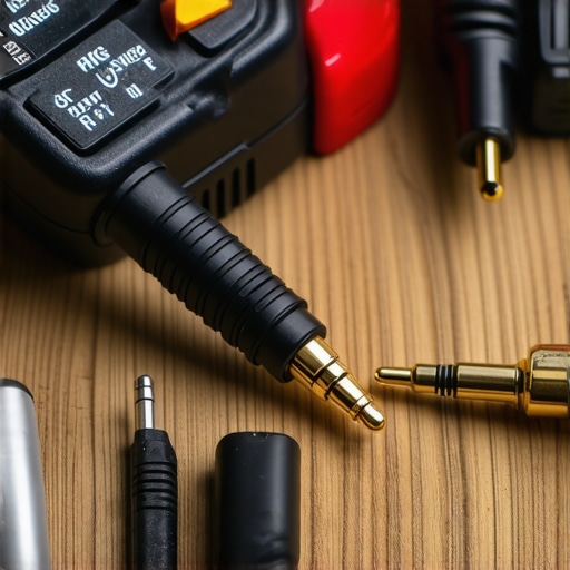 A close-up of an audio technician using a multimeter to test a headphone cable for shorts.