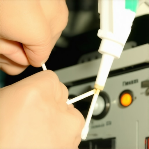 A person cleaning metal speaker terminals on an amplifier with a cotton swab.
