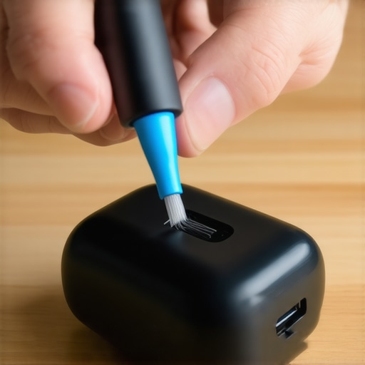 Cleaning a black wireless earbud charging port with a micro-cleaning brush on a desk