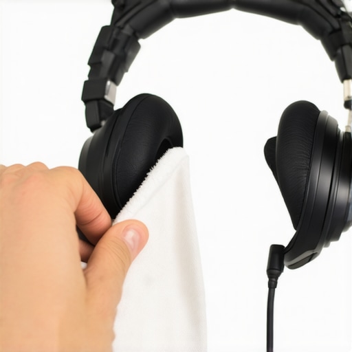 A person cleaning headphone ear pads with a microfiber cloth to prevent peeling.