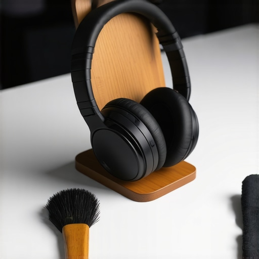 Maintaining Premium Audiophile Headphones An open-back headphone on a wooden stand with cleaning tools on a modern desk