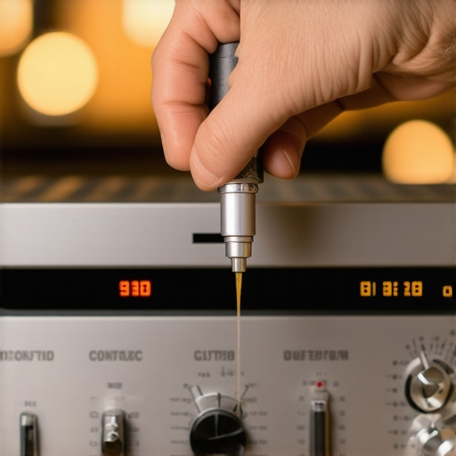 A hand cleaning a scratchy volume dial on a vintage stereo receiver with contact cleaner.