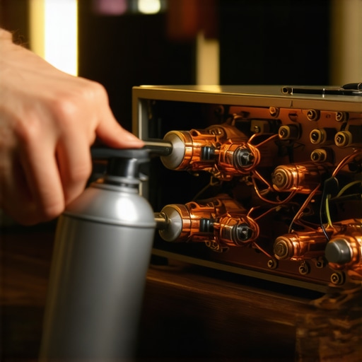 Maintaining Vintage Audio Electronics A hand spraying contact cleaner into the internal circuitry of a vintage audio receiver for maintenance.