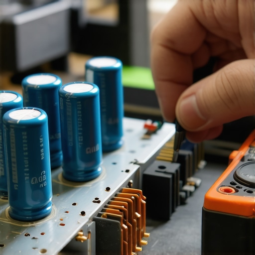Technician checking capacitors inside a vintage stereo receiver