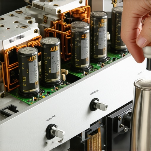 A person cleaning the internal volume potentiometer of a vintage receiver with contact cleaner.