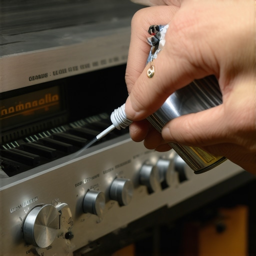 A person cleaning a scratchy volume dial on an old amplifier to restore sound quality.