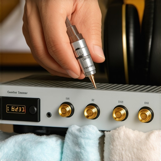 Maintenance of High-End Audio Terminals Close up of cleaning audio equipment terminals with contact cleaner
