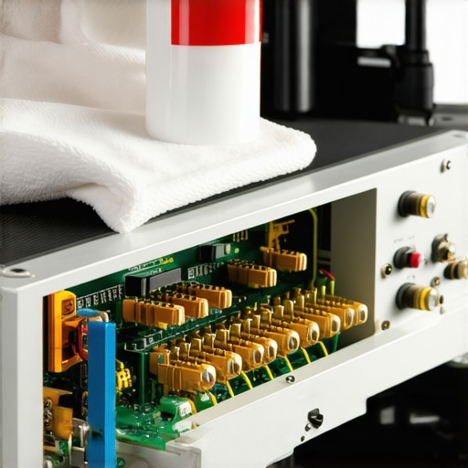 Cleaning internal circuits and gold connectors of a high-end audio amplifier.