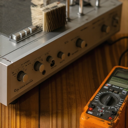Vintage receiver being serviced on a workbench with audio tools