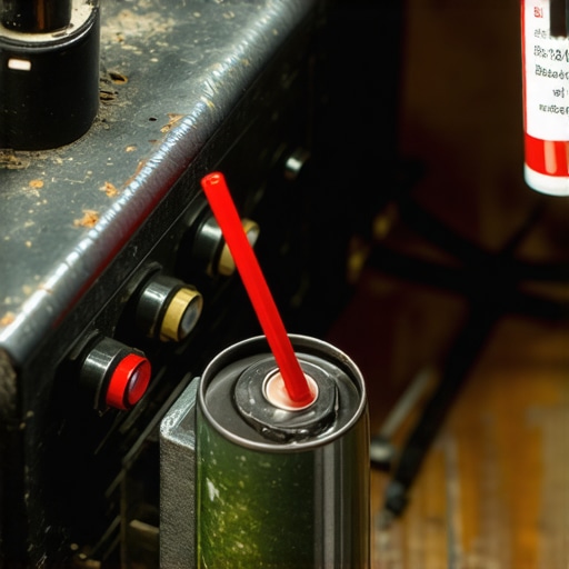 Close up of a technician cleaning a vintage audio amplifier with specialized contact cleaner