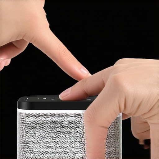 Hands performing a button combination reset on a Bluetooth speaker.