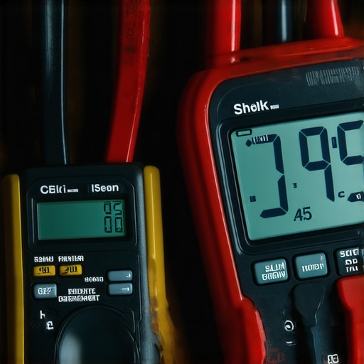 A digital multimeter testing a car battery for parasitic power draw caused by an amplifier.