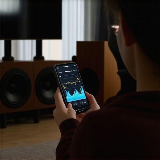 A person using a phone to measure speaker frequency response in a home theater setup.