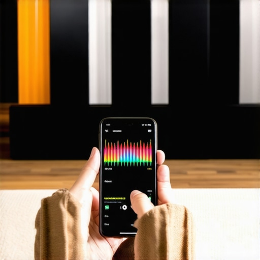 Smartphone displaying an audio spectrum analyzer app used to calibrate speakers in a room.