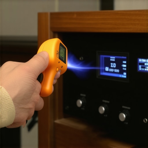 Person checking audio amplifier temperature with infrared thermometer