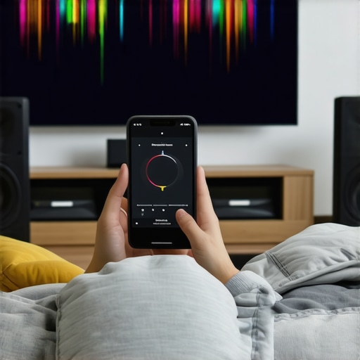 A person using a smartphone app to calibrate the frequency response of a home theater system.