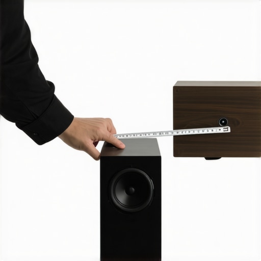Measuring speaker distance from wall Using a tape measure to ensure proper clearance for a rear-ported speaker.