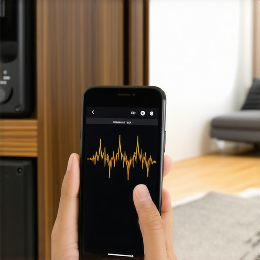 Person using a phone to measure frequency response of vintage speakers to check for bass roll-off.