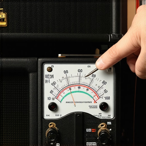 A technician uses a multimeter to measure speaker impedance in a repair shop