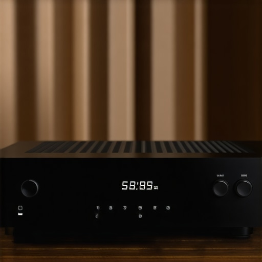 A home theater receiver with limited front panel buttons.