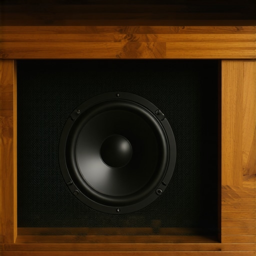 A wooden cabinet modified with an acoustic mesh door to allow a hidden subwoofer to breathe.
