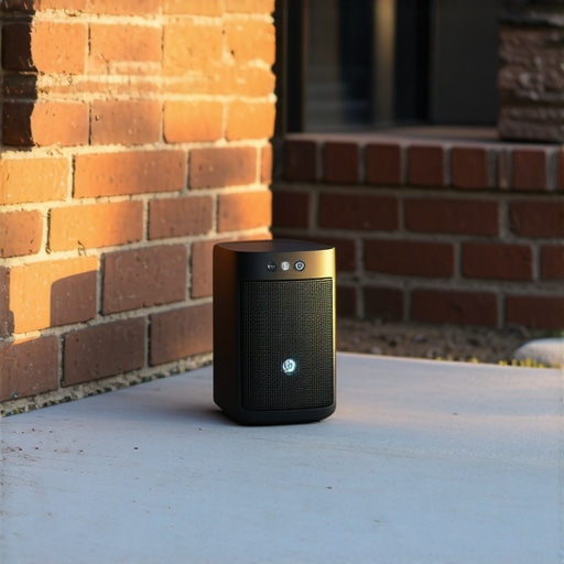 A bluetooth speaker placed in a wall corner on a stone patio to maximize bass response.