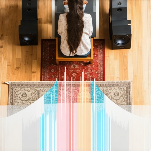 Diagram of a living room showing the equilateral triangle speaker setup and subwoofer positioning for best audio quality.