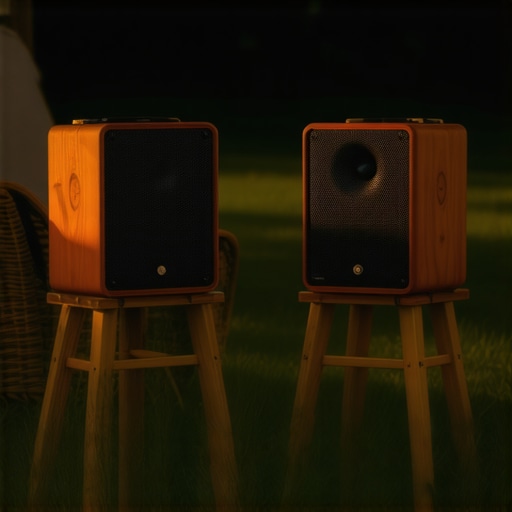 A pair of Bluetooth speakers configured in a True Wireless Stereo arrangement outdoors.
