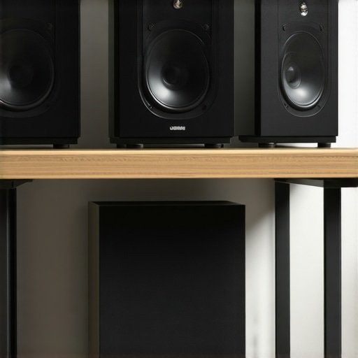 Close up of bookshelf speakers on isolation stands with a subwoofer visible under a gaming desk.
