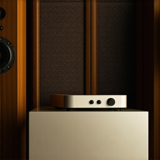 A modern minimalist audio room with vintage amplifiers and acoustic wall panels for better sound quality.