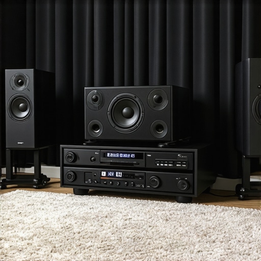 Optimized Home Audio Listening Environment A well-treated audio room showing speakers and acoustic rugs to improve sound quality.