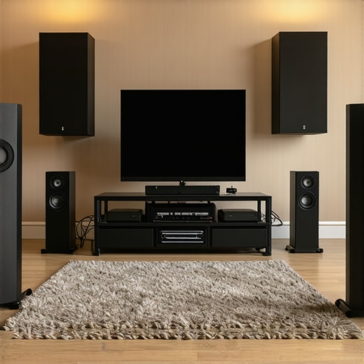 A room showing speakers with a rug and acoustic panels for better sound quality.