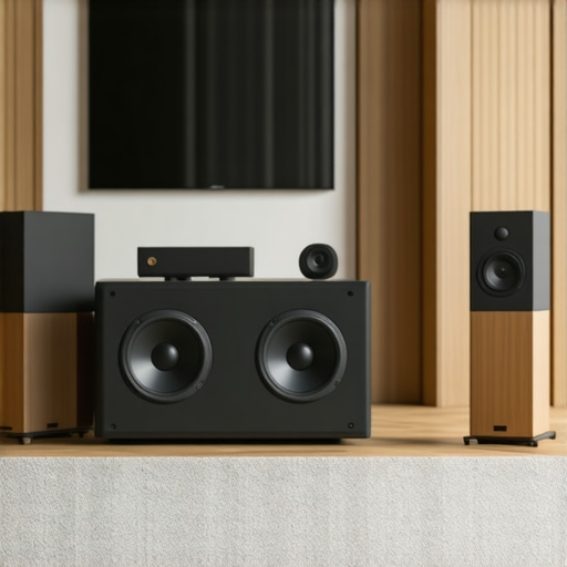 Optimized Room Acoustics for High-End Audio A modern living room set up for high-end audio with speakers properly spaced from walls and acoustic treatment.