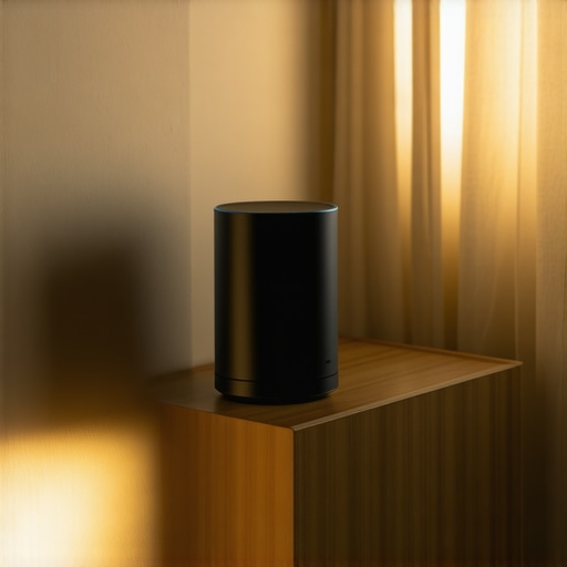 A portable speaker positioned correctly in a room corner for maximum bass response.