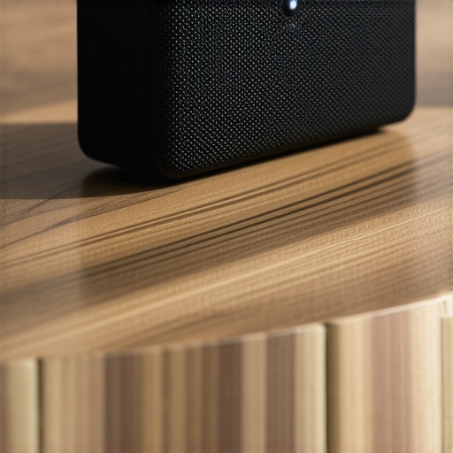 Optimizing Bluetooth Speaker Placement on Wood A Bluetooth speaker positioned on a wooden table to improve sound resonance and bass.