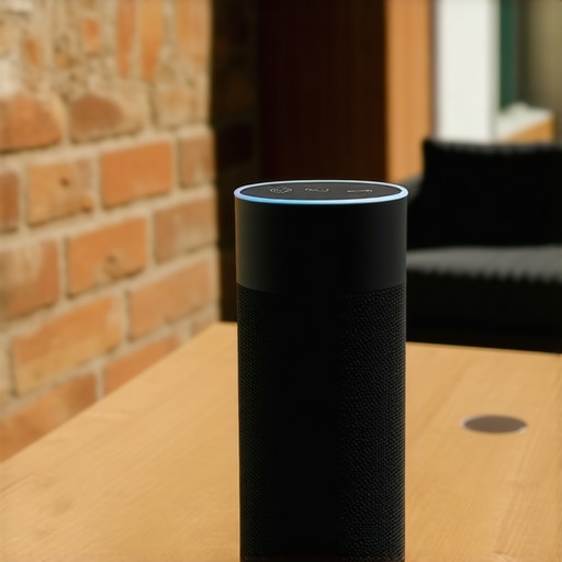 A Bluetooth speaker placed on a wooden table next to a brick wall to enhance bass response naturally.