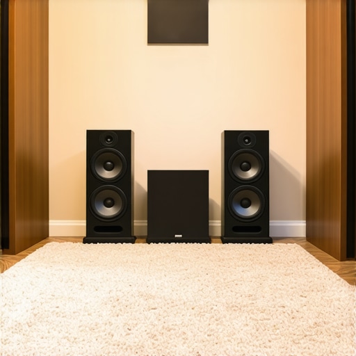 A living room with speakers positioned for perfect stereo balance using rugs and wall treatments.