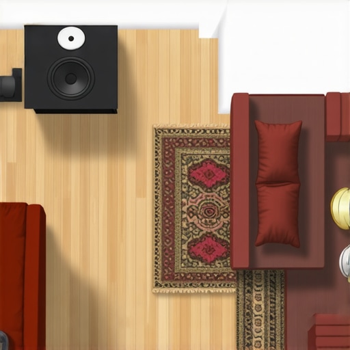 Optimizing Room Acoustics with Dual Subwoofers Diagram of a living room with dual subwoofers and an acoustic rug for better sound quality.