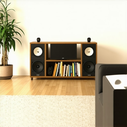 A living room setup showing how a rug and wooden furniture improve speaker sound quality.