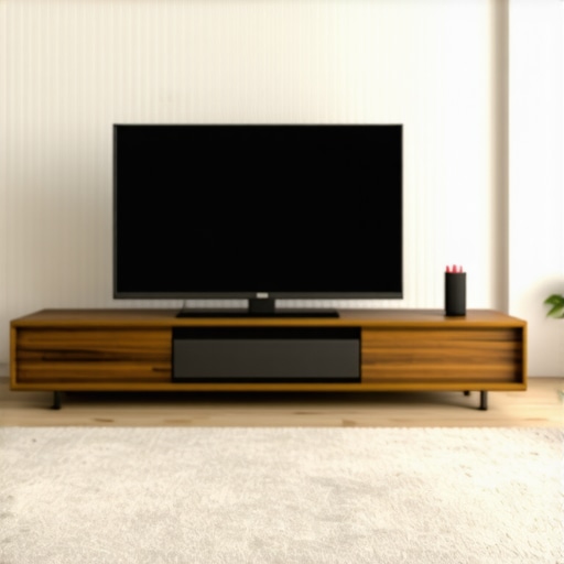 A soundbar moved forward to the edge of a stand to prevent sound reflections and improve clarity in a big room.