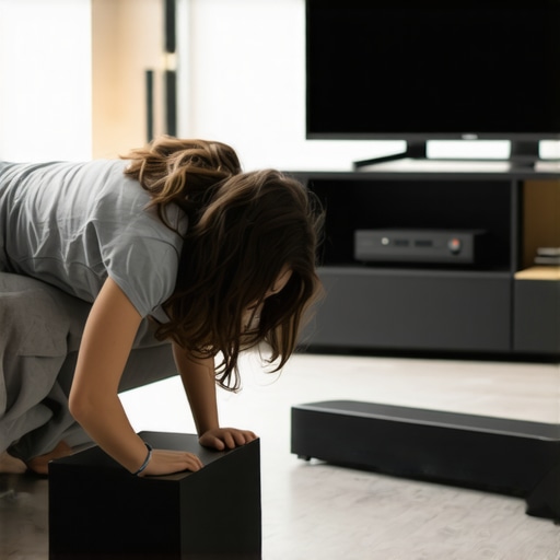 Optimizing Subwoofer Placement with the Crawl Method A person doing the subwoofer crawl in a living room to find the best bass response.