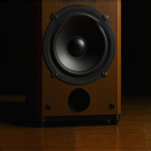 A close-up of a center channel speaker tilted upward on a media console to improve sound directionality.