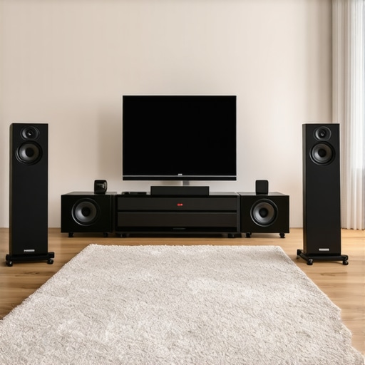 A high-end audio setup in a room with an area rug for improved acoustics