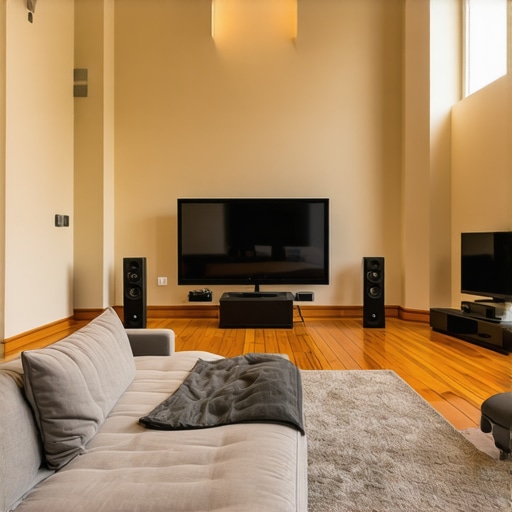 Home theater speakers angled downward in a room with vaulted ceilings to improve sound quality.