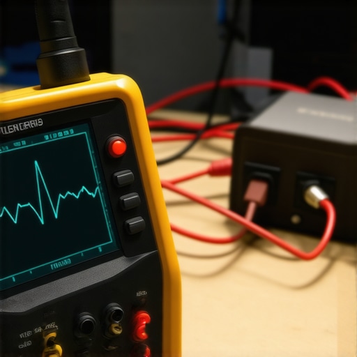 A digital oscilloscope displaying a clean sine wave used for setting car audio amplifier gain.