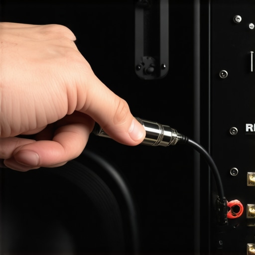 A hand connecting a professional XLR cable to the back of a studio monitor for a balanced audio signal.