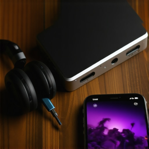 A smartphone connected to an external portable DAC and amplifier for high-end headphones.