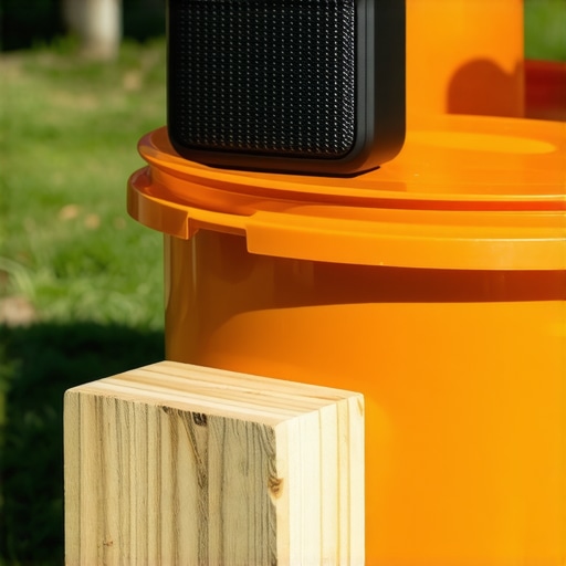 A portable speaker placed inside a plastic bucket on a wooden spacer to boost outdoor bass response