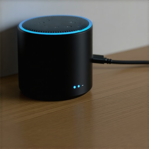 A portable Bluetooth speaker receiving full wall power via a charger on a desk
